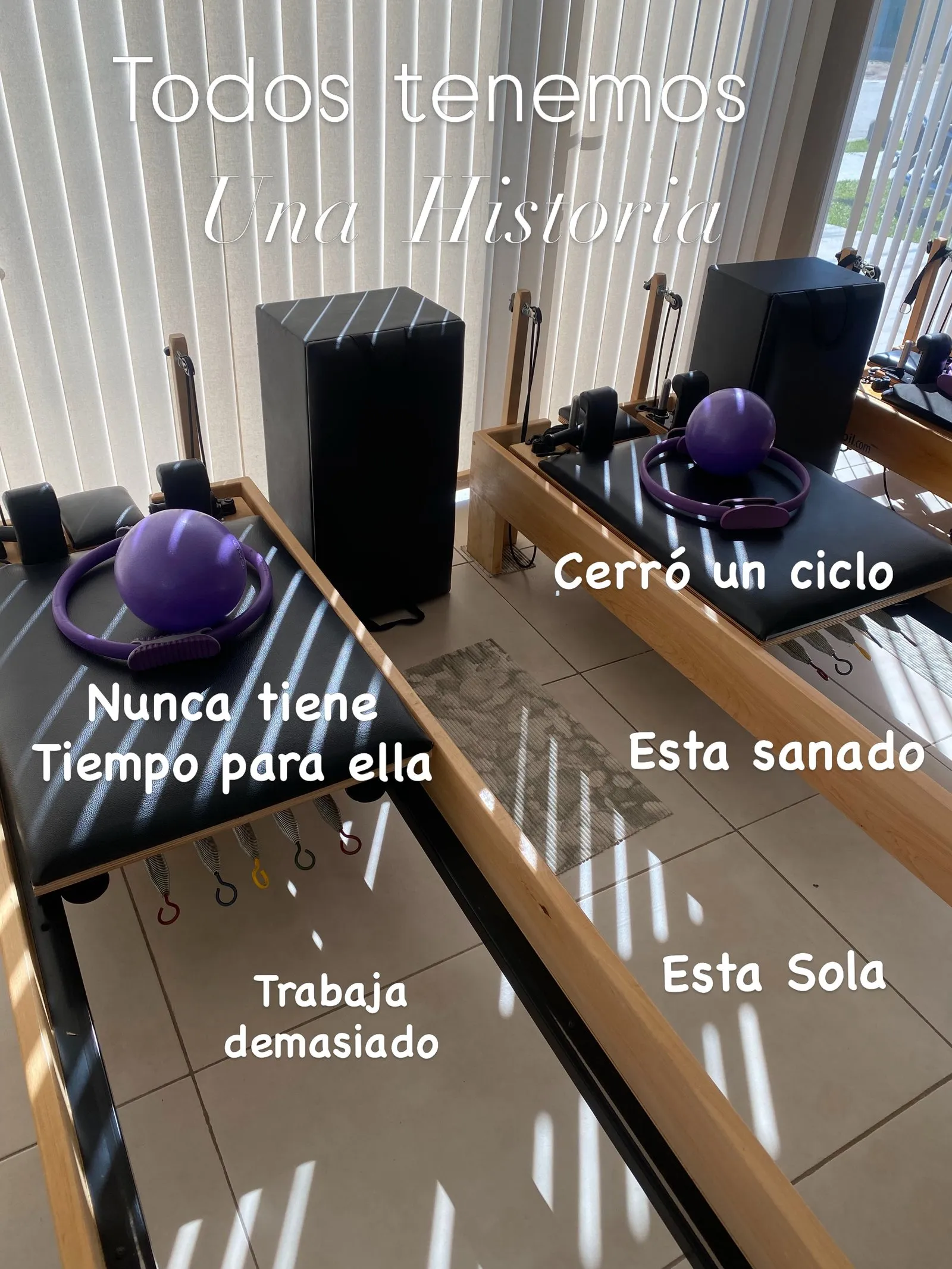 Dos reformers de madera del estudio, con aro mágico y pelota violeta, iluminados por la luz de la ventana